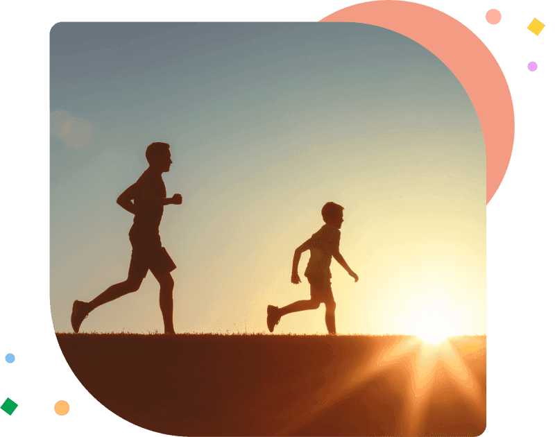 A father and son enjoy a fitness run in a scenic field at sunset, emphasizing healthy lifestyles and bonding. The silhouettes against the vibrant sky inspire outdoor activities and family connections.