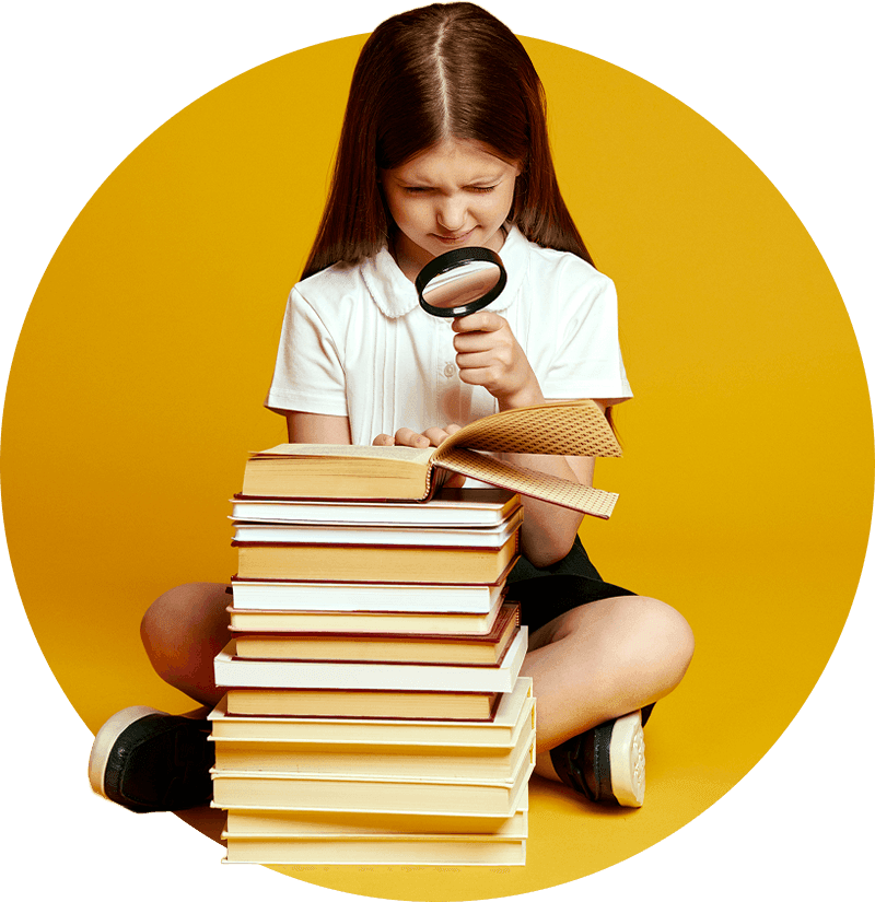 Curious child intently inspecting a book using a magnifying glass against a vibrant backdrop, reflecting focused learning and exploration. Ideal for educational materials and children's publications.