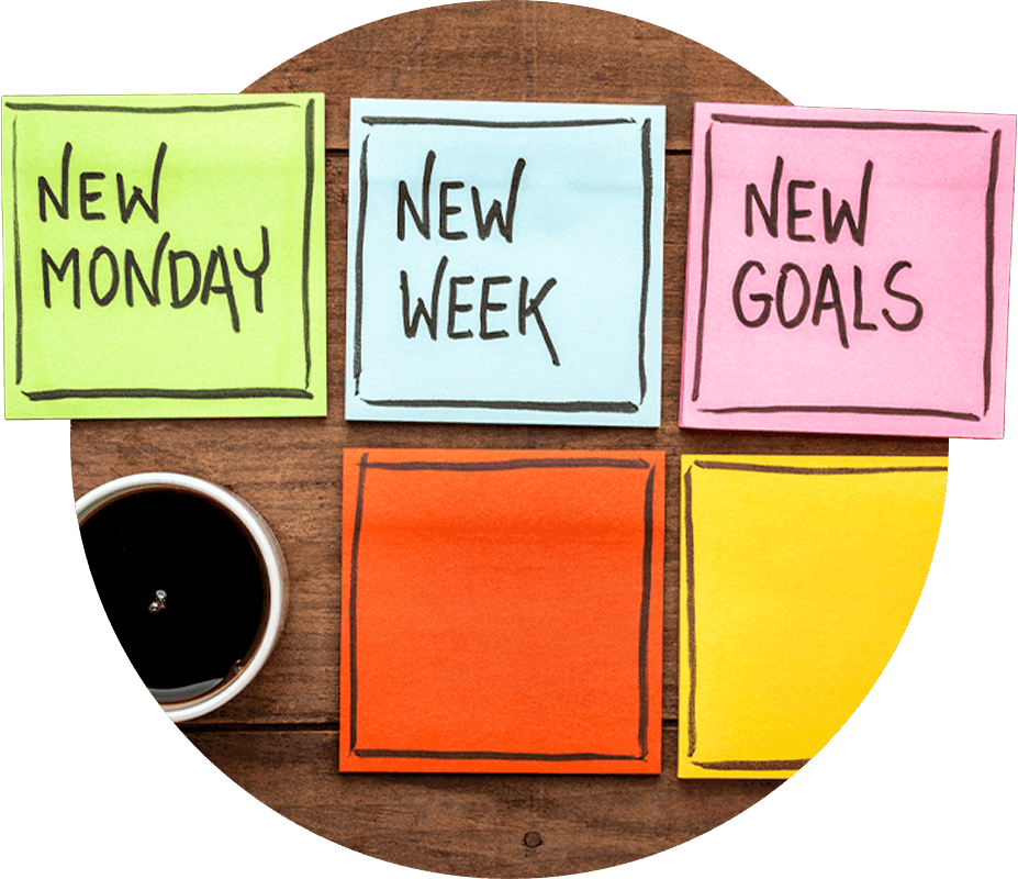 Colorful sticky notes on a wooden table with messages ‘New Monday,’ ‘New Week,’ and ‘New Goals,’ beside a cup of coffee — symbolizing setting small goals and fresh starts.