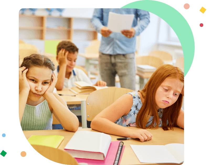 Tired female friends sitting on bench during lecture in classroom
