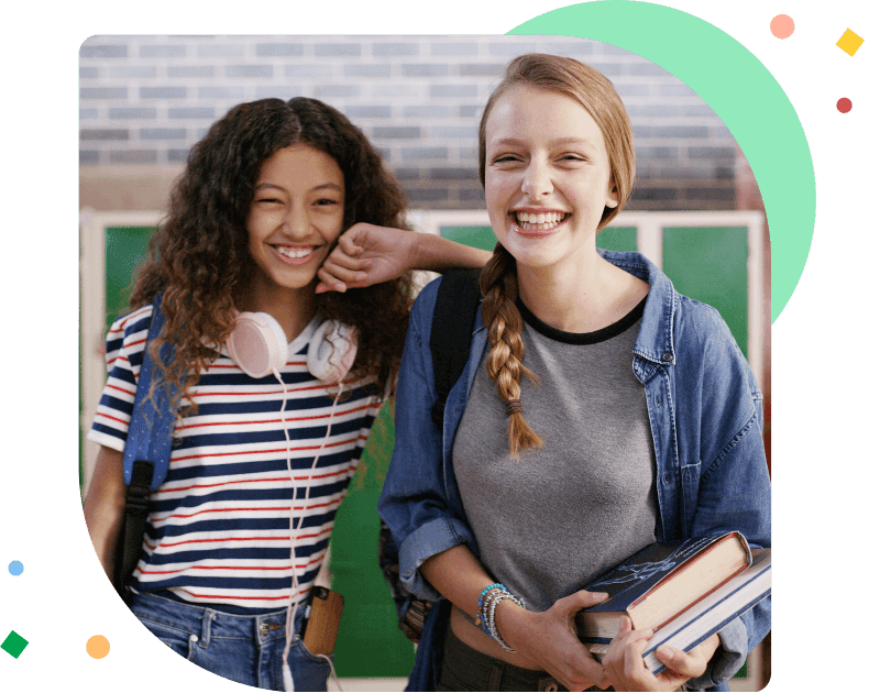 High school students, friends or happy with portrait for education, learning support or scholarship. Teenager, girls and smile with textbooks in hallway for study break, development and class recess.