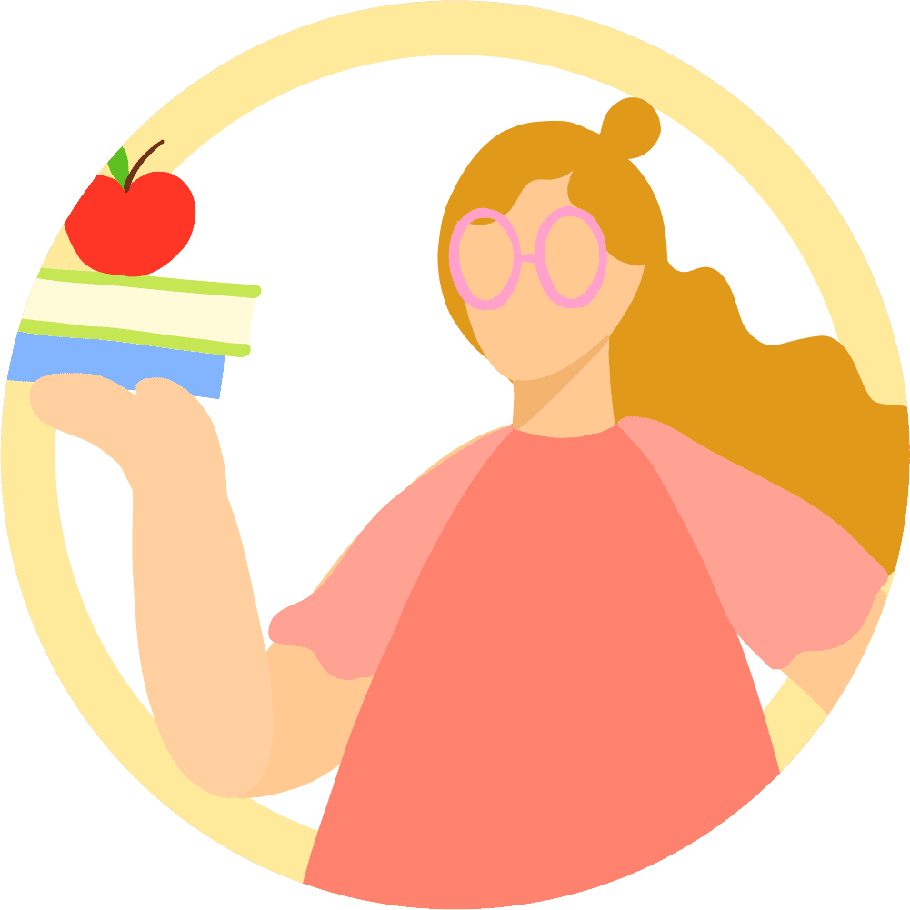 female teacher vector holding pile of books with apple on top